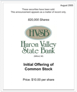 Huron Valley State Bank Initial Offering of Common Stock
